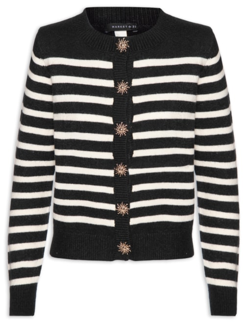 Cardigan Feminino Listrado Em Tricot - Preto