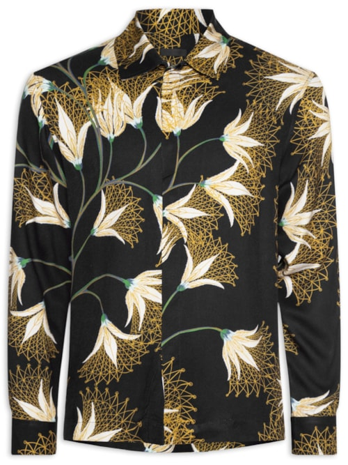 Camisa Masculina Manga Longa Floral Trama - Preto Camisa Masculina Manga Longa Floral Trama - Preto