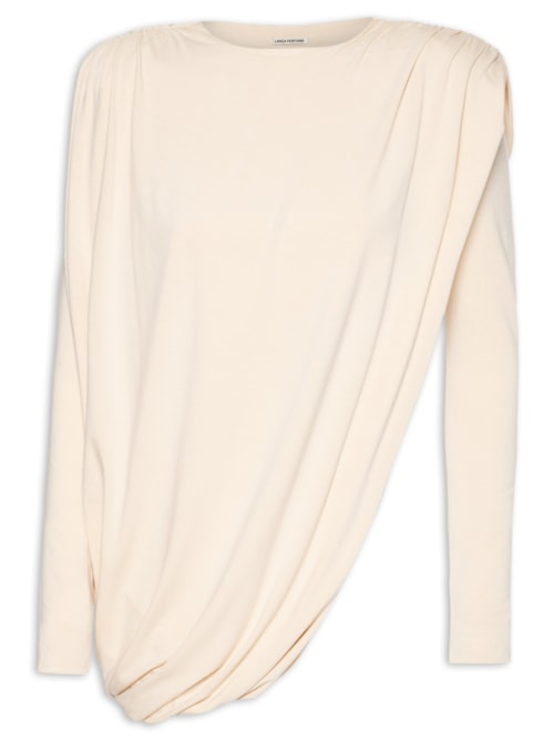 Blusa Feminina Manga Longa Com Franzidos - Bege Blusa Feminina Manga Longa Com Franzidos - Bege