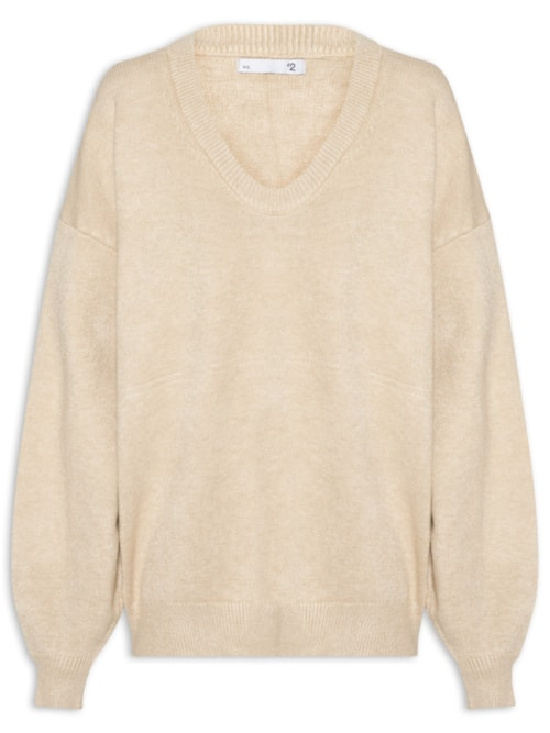 Suéter Feminino Amplo Gola V Em Tricot - Bege Suéter Feminino Amplo Gola V Em Tricot - Bege