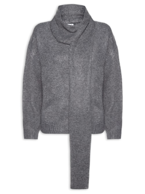 Suéter Feminino Amplo Com Gola Cachecol - Cinza Suéter Feminino Amplo Com Gola Cachecol - Cinza