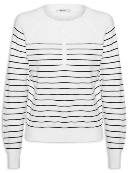 Suéter Feminino Listrado Com Botões - Branco Suéter Feminino Listrado Com Botões - Branco