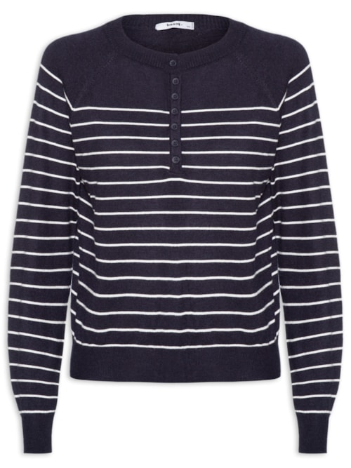 Suéter Feminino Listrado Com Botões - Azul Suéter Feminino Listrado Com Botões - Azul