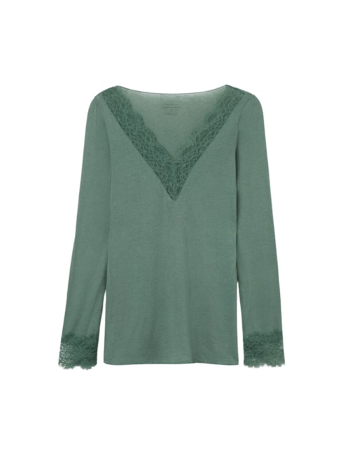 Blusa Manga Comprida Em Cashmere Ultralight e Renda - Verde