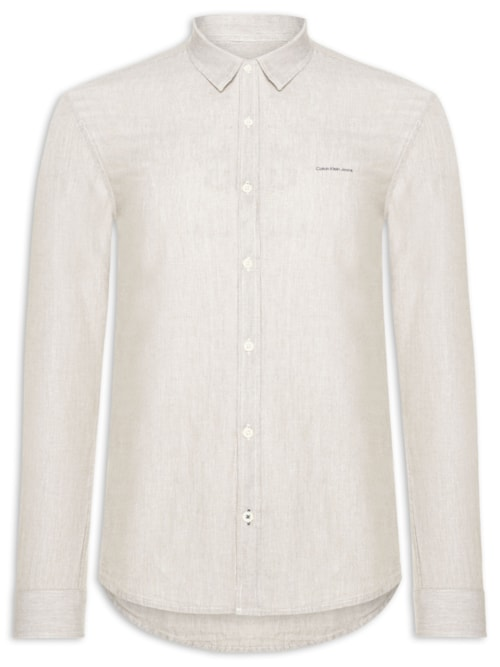 Camisa Masculina Slim Listrada Silk Logo - Bege