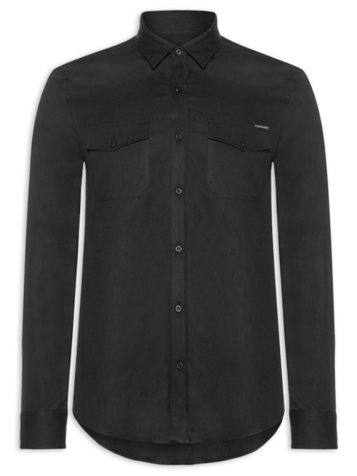 Camisa Masculina Manga Longa Sarja Com Bolsos - Preto Camisa Masculina Manga Longa Sarja Com Bolsos - Preto