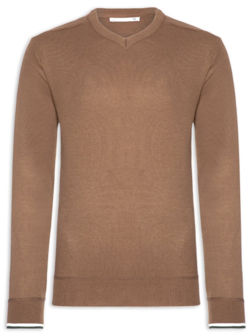 Suéter Masculino Gola V Detalhe Ombro - Marrom