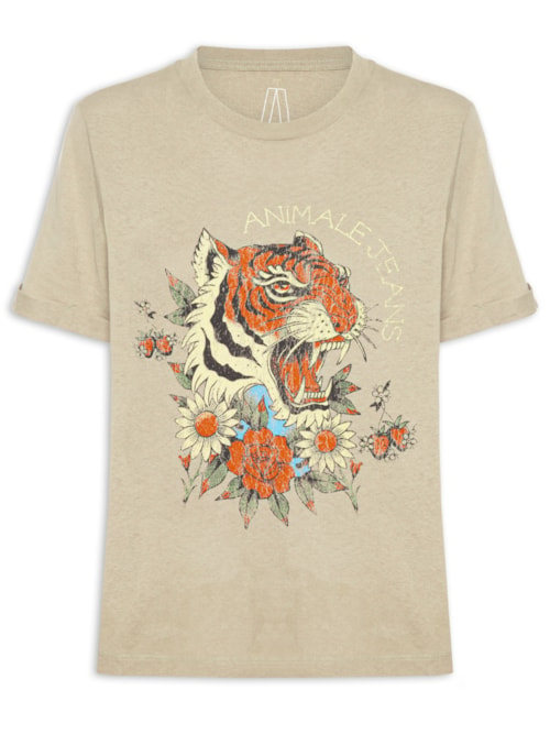 Camiseta Feminina Malha Tiger And Flowers - Cinza Camiseta Feminina Malha Tiger And Flowers - Cinza