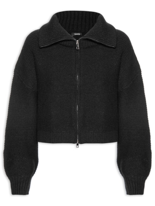 Jaqueta Feminina Em Tricot Zíper Duplo - Preto Jaqueta Feminina Em Tricot Zíper Duplo - Preto
