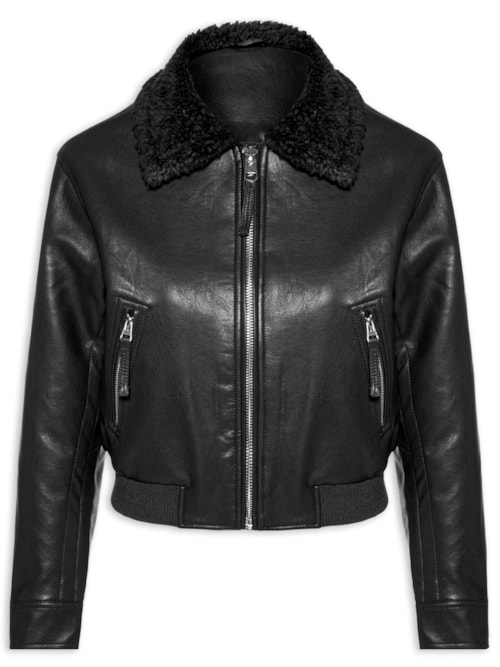 Jaqueta Feminina Com Gola Peluciada - Preto