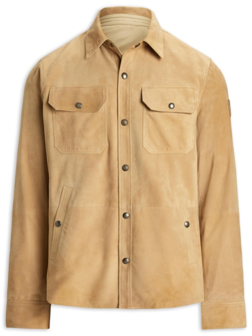 Jaqueta Masculina De Couro Suede Com Bolsos Reversível - Bege