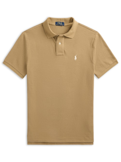 Polo Masculina Manga Curta Slim Fit Logo Bordado - Bege