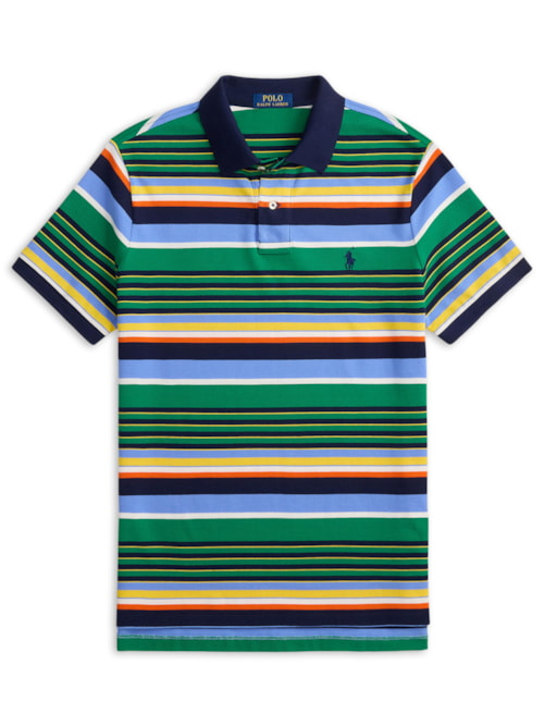 Polo Masculina Manga Curta Multi Listras Logo Bordado - Verde