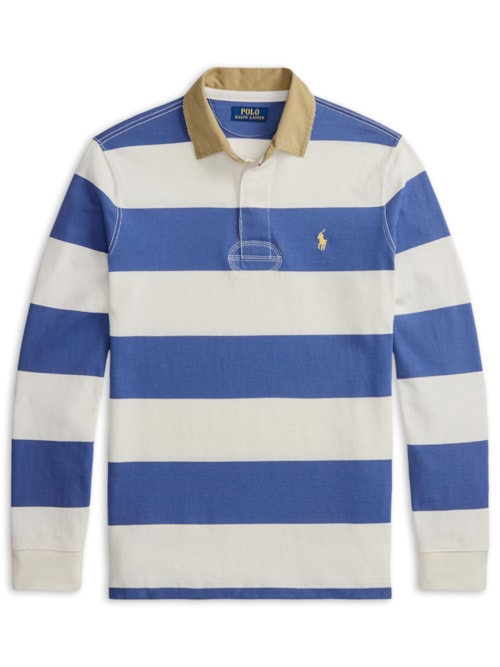 Polo Masculina Manga Longa Listrada Knit Rugby - Azul