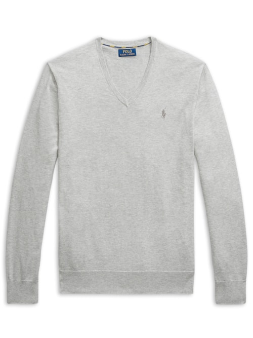 Suéter Masculino Pima Cotton Gola V Classic Logo - Cinza