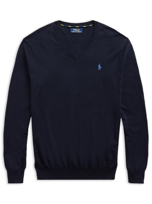 Suéter Masculino Pima Cotton Gola V Classic Logo - Azul Suéter Masculino Pima Cotton Gola V Classic Logo - Azul