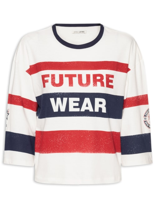Camiseta Feminina Listrada Patch - Branco