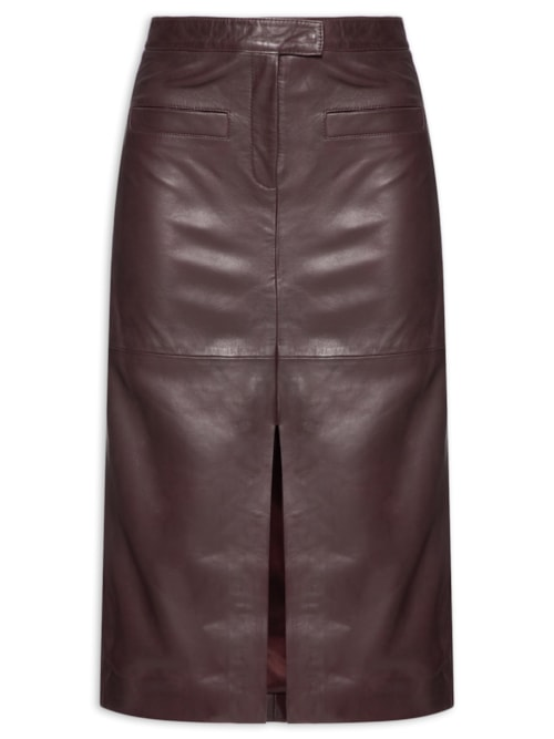 Saia Midi Com Fenda Em Couro - Vermelho Saia Midi Com Fenda Em Couro - Vermelho