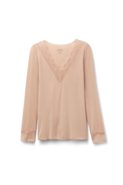 Blusa Manga Comprida Em Cashmere Ultralight e Renda - Bege Blusa Manga Comprida Em Cashmere Ultralight e Renda - Bege