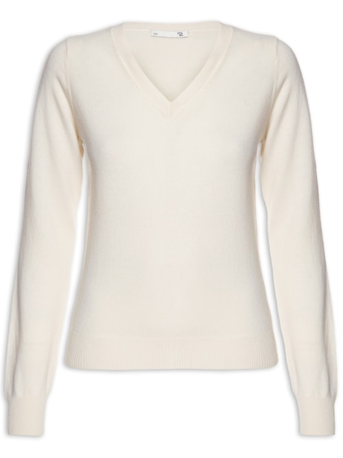 Suéter Feminino Puro Cashmere Gola V - Off White Suéter Feminino Puro Cashmere Gola V - Off White