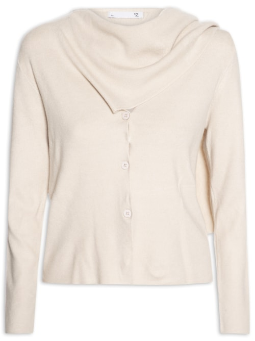 Cardigan Feminino com Botões e Cachecol em Tricot - Bege Cardigan Feminino com Botões e Cachecol em Tricot - Bege