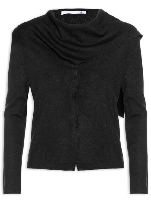 Cardigan Feminino com Botões e Cachecol em Tricot - Preto