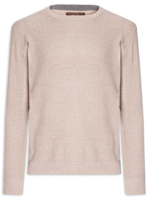 Suéter Mascullino Em Tricot Gola Careca Com Textura - Bege Suéter Mascullino Em Tricot Gola Careca Com Textura - Bege