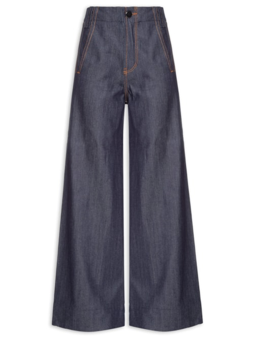 Calça Jeans Reta Raw Cintura Alta Feminina Azul
