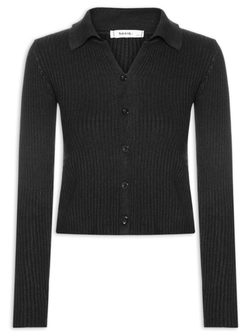 Cardigã Feminino Canelado Gola Polo - Preto Cardigã Feminino Canelado Gola Polo - Preto