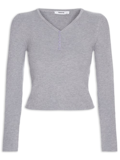 Suéter Feminino Em Tricot Com Botões - Cinza Suéter Feminino Em Tricot Com Botões - Cinza