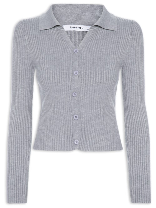 Cardigã Feminino Canelado Gola Polo - Cinza