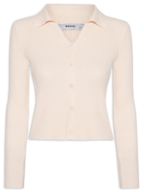 Cardigã Feminino Canelado Gola Polo - Bege Cardigã Feminino Canelado Gola Polo - Bege