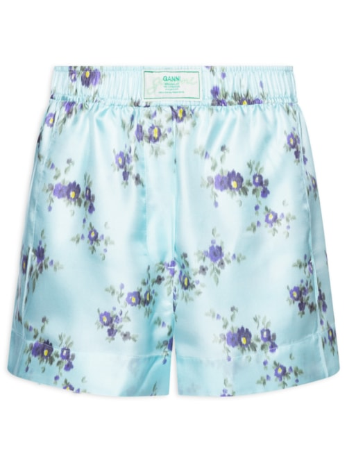 Short Feminino Printed Silk Twill Elasticated - Azul