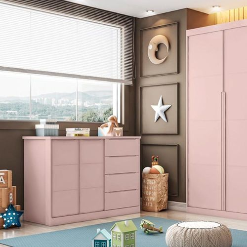 Cômoda Infantil 4 Gavetas e 2 Portas com Cabideiro Pérola Rosa Rosa