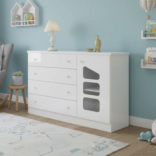 Cômoda Infantil 100% MDF 4 Gavetas e 1 Porta Eloísa Branco Branco Brilho