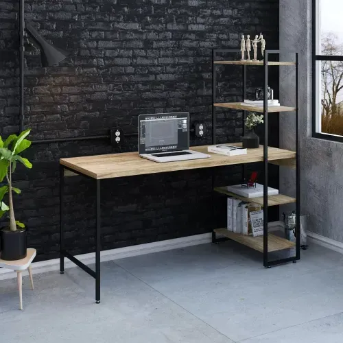 Escrivaninha Mesa Escritório com Estante Estilo Active 4 Prateleiras 150cm Industrial Yescasa Carvalho Carvalho