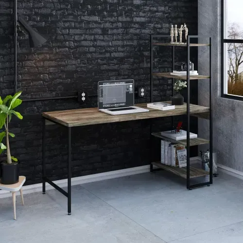 Escrivaninha Mesa Escritório com Estante Estilo Active 4 Prateleiras 150cm Industrial Yescasa Carvalho Dark Carvalho Dark
