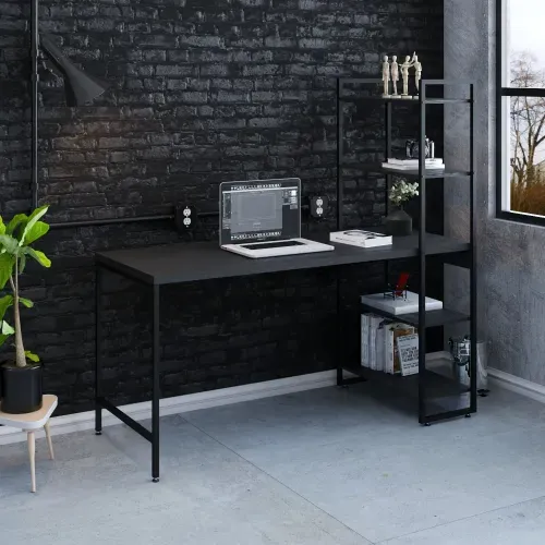 Escrivaninha Mesa Escritório com Estante Estilo Active 4 Prateleiras 150cm Industrial Yescasa Preto Ônix Preto Onix