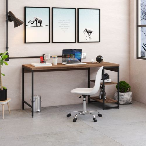 Escrivaninha Mesa Escritório com Estante Baixa Estilo Active 2 Prateleiras 150cm Industrial Yescasa Nogal Nogal