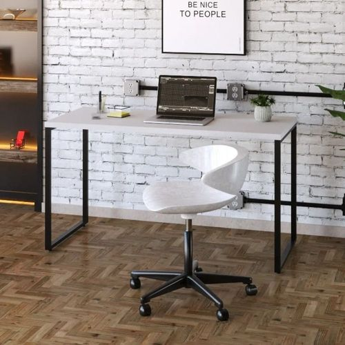 Escrivaninha Mesa Escritório Office Estilo Kuadra 135cm Industrial Branco Chess Branco Chess