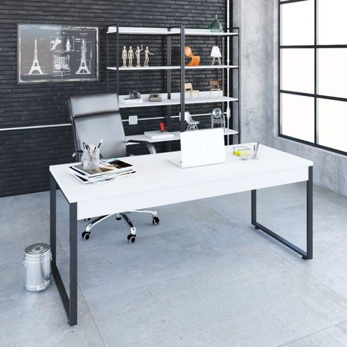 Escrivaninha Mesa Escritório Estilo Diretor Kuadra 180cm Industrial Branco Chess Branco Chess