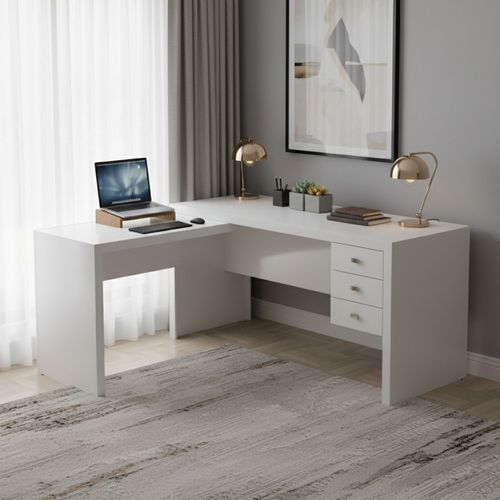 Escrivaninha Mesa Escritório em L com Me4106 3 Gavetas 154,8cm Branco