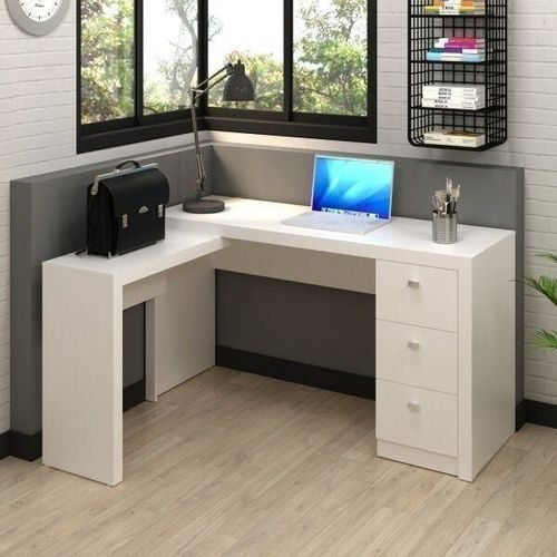 Escrivaninha Mesa Escritório em L com Me4101 3 Gavetas 136cm Branca Branca