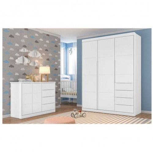 Kit 2 Peças com Guarda-Roupa 3 Portas e Cômoda 4 Gavetas 100% MDF 165cm Linha Pérola Branco Acetinado