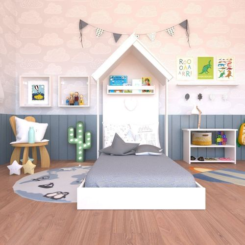 Conjunto Infantil Cama Banqueta 2 Nicho e Prateleira Bramov Móveis Branco