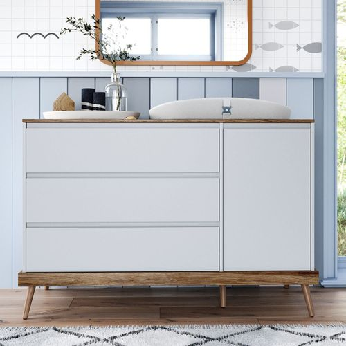 Cômoda Infantil Retrô 3 Gavetas 1 Porta Canção de Ninar Branco/Amêndola Rústica