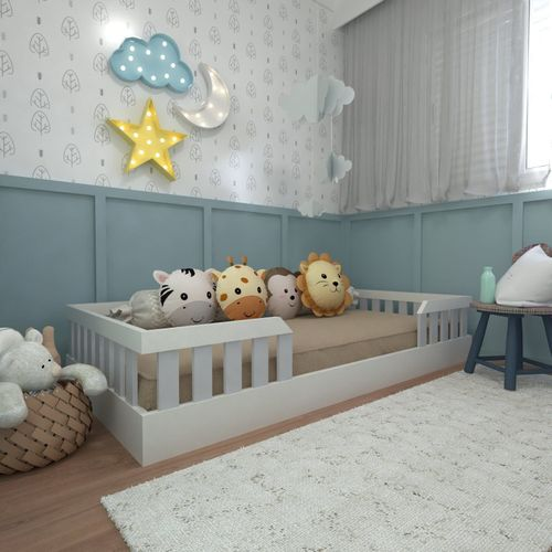 Kit com Cama Solteiro e Armário Baixo Montessoriano Branco/Cinza Cristal