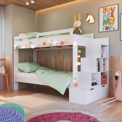 Beliche Infantil com Escada Nichos e Gavetas Branco