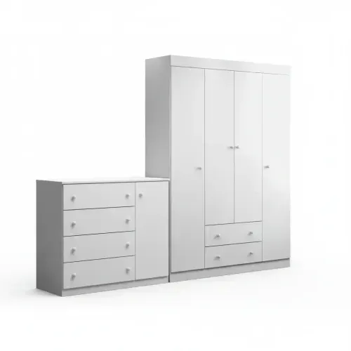Quarto Para Bebê Infantil com 01 Guarda Roupa 4 Portas 2 Gavetas com 01 Cômoda 4 Gavetas 1 Porta Helena Branco