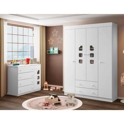 Quarto Infantil Guarda-Roupa 4 Portas e Cômoda 4 Gavetas 100% MDF Lívia Branco Branco
